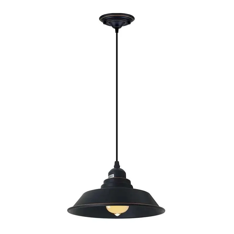 Black metal vintage pendant lamp with adjustable dimmable ceiling lamp base and E27 holder, hanging from ceiling.