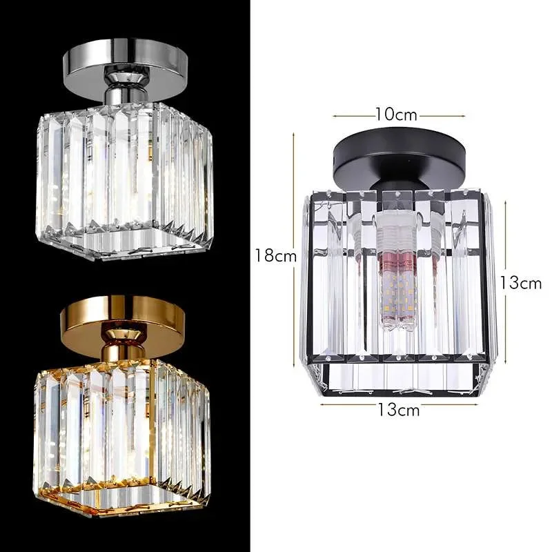 Square glass semi flush mount ceiling light with crystal pendant, metal frame in gold, black and chrome colors.