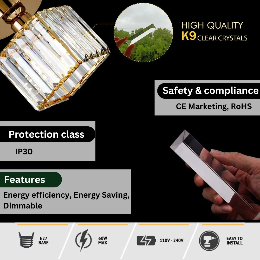 Square LED crystal pendant, gold accents, dimmable ceiling light flush to ceiling.