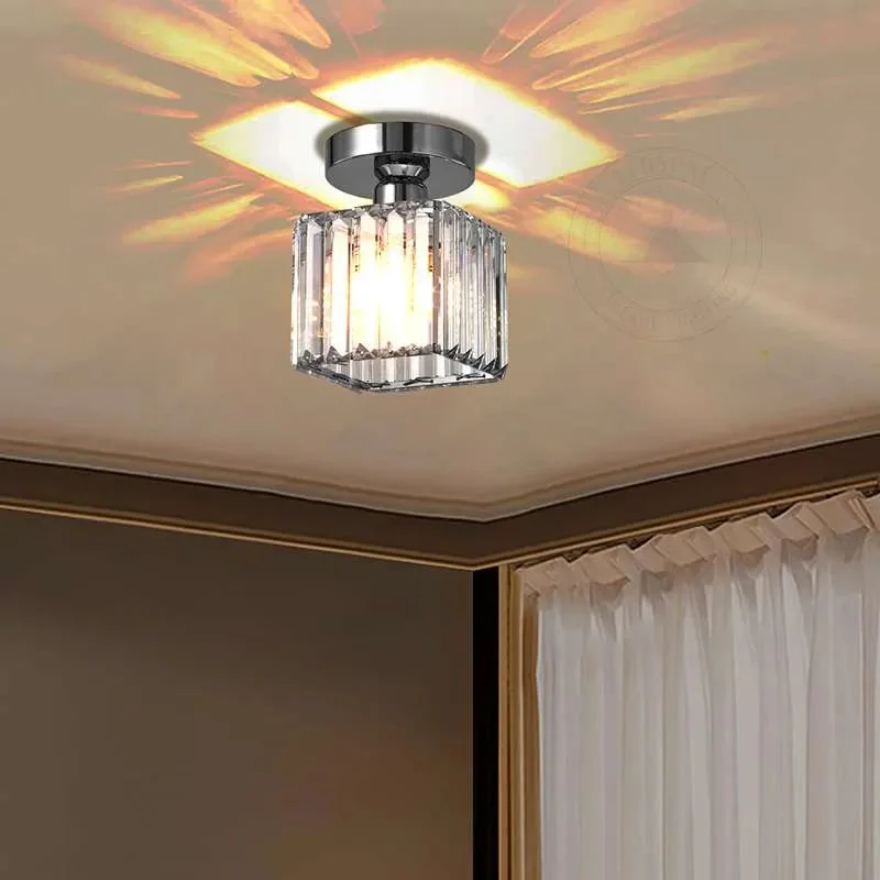 Square ceiling light with crystal and metal frame, gold and black accents, semi flush mount design.