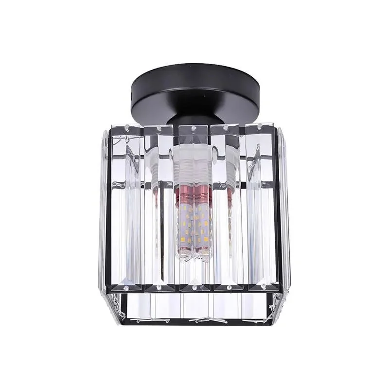 Square crystal and metal square ceiling light with gold accents, hanging from the ceiling in modern style.