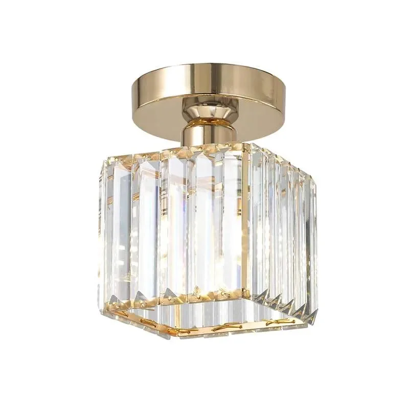 Square ceiling light with crystal and metal trim, gold finish, modern design mounted flush on ceiling.