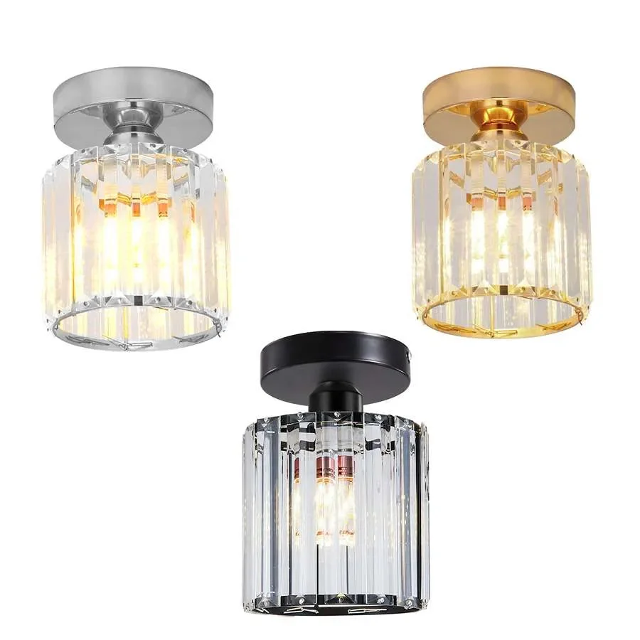 Round crystal semi flush ceiling light in gold, black or chrome, featuring LED E27 fittings