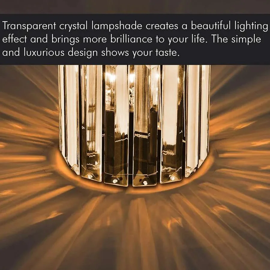 Indoor crystal light: round metal crystal chandelier with gold accents, dimmable LED, modern style.