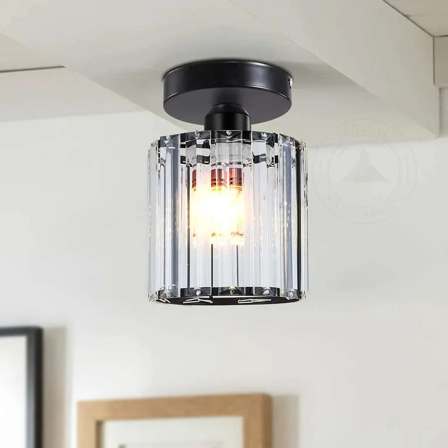 Round crystal ceiling light with gold metal frame, dimmable LED, black crystal cages, modern semi‑flush mount design