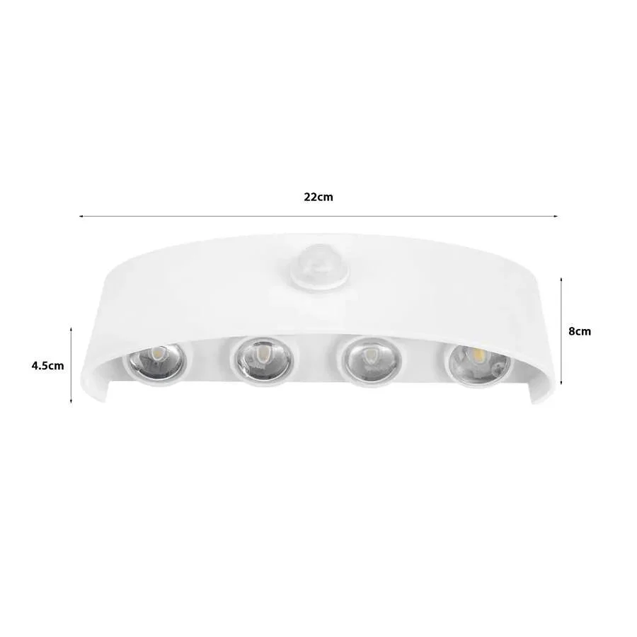 White aluminium LED wall light with rectangular COB panel, motion sensor, modern outdoor lighting fixture on a wall.