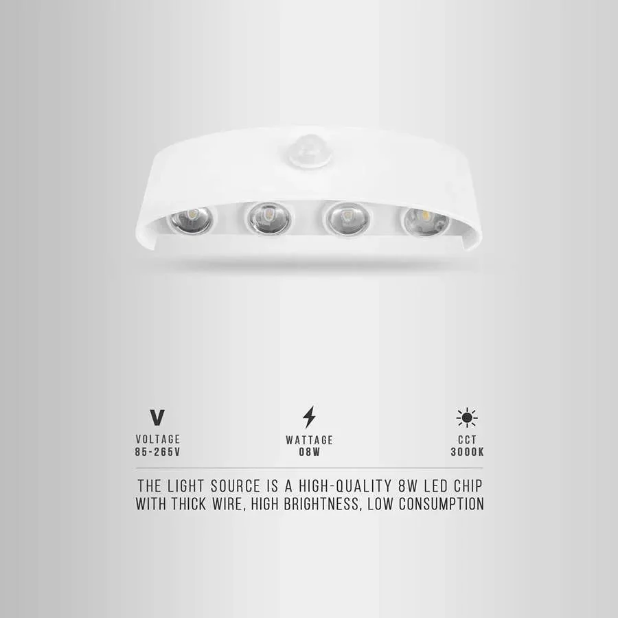 White rectangular LED wall light, die-cast aluminum, motion sensor, 8W energy efficient LED light for indoor/outdoor.