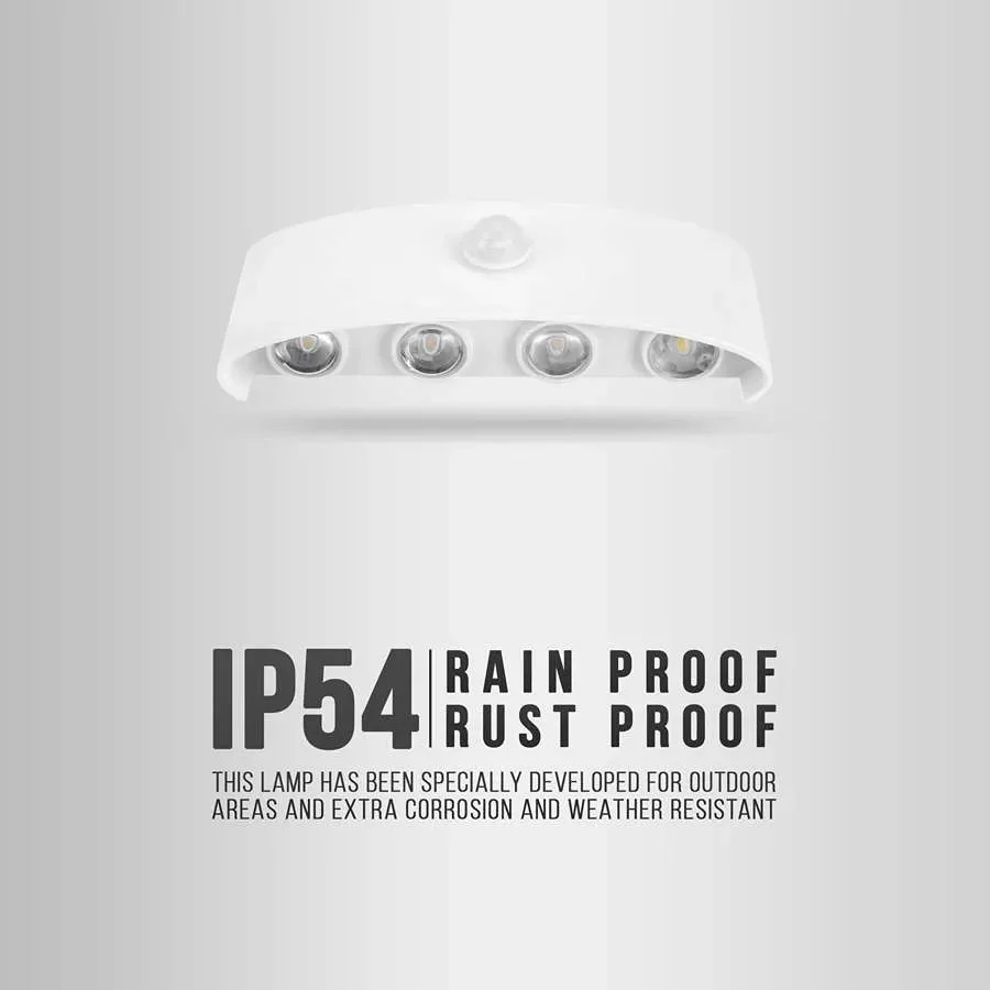 White rectangular LED wall light on wall with motion sensor, up and down lighting - outdoor LED wall lights