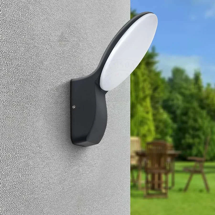 Black LED outdoor wall lamp (12W) with die‑cast aluminum body, warm white downlighting, IP54 weatherproof rating.