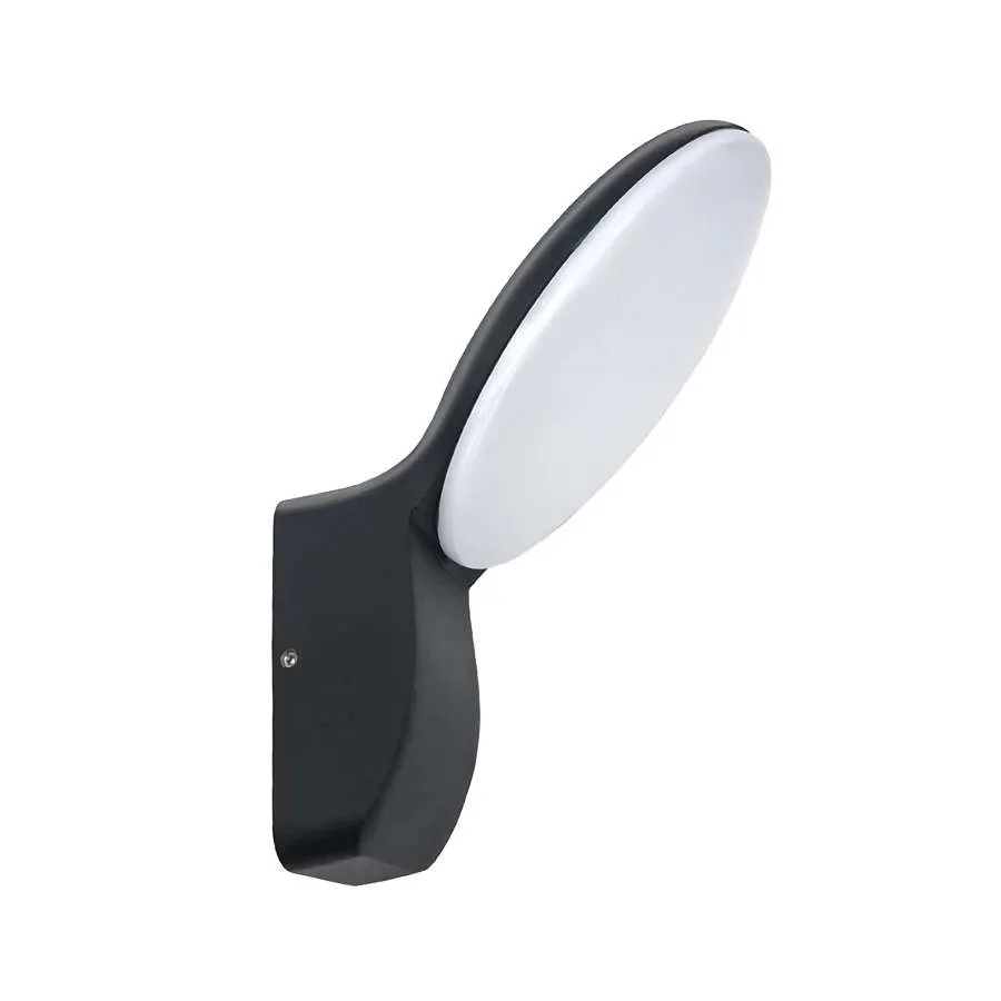 Black modern LED wall lamp in aluminum, dimming off, light directed downward, mounted on garden wall light, warm white glow