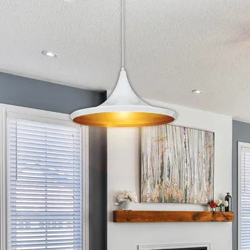 White E27 pendant light featuring inner gold finish, metal body, PVC cable, wooden holder, and matching ceiling rose