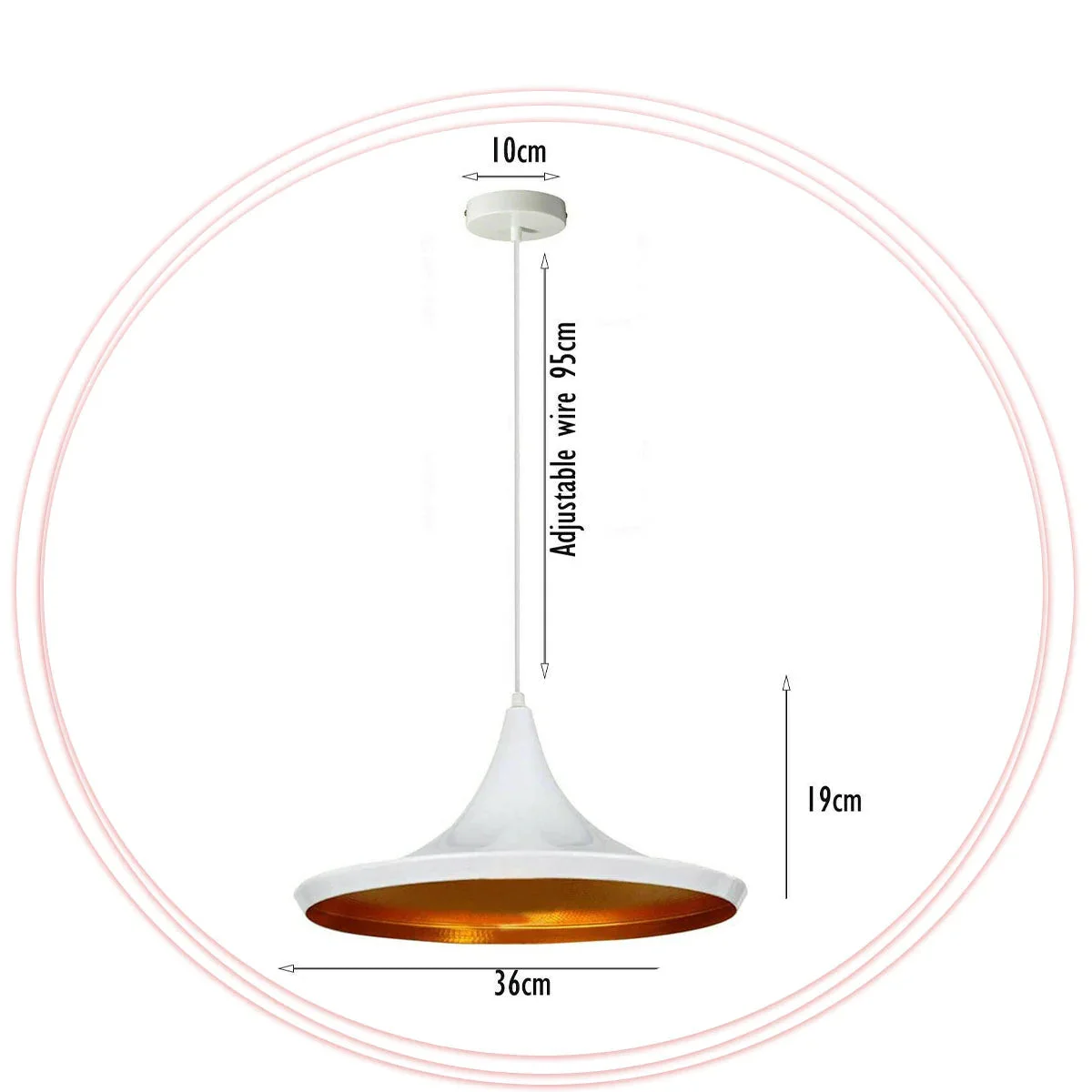 White metal loft light kit with inner gold shade, mounted on PVC cable pendant, wood holder visible in image.