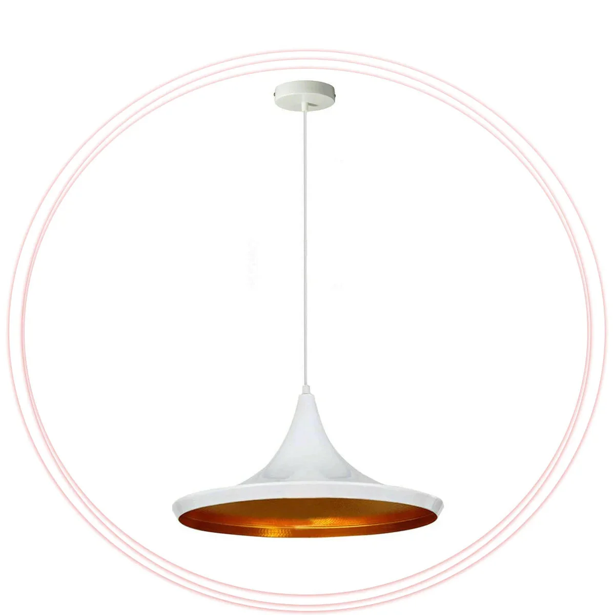 Decorative pendant light in white with gold inner, metal rod and PVC cord, mounted on a 10cm ceiling plate.
