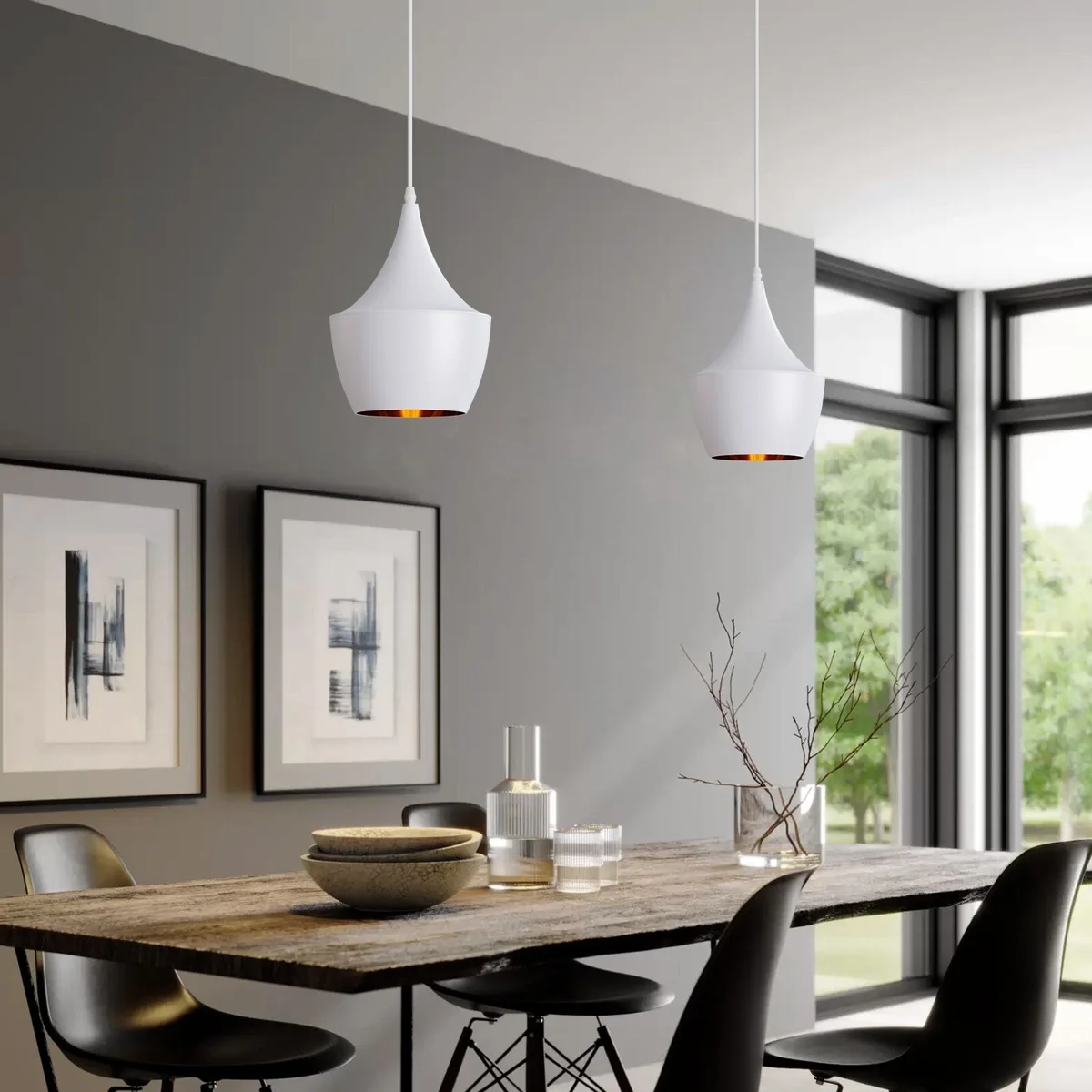 Loft style pendant light with white metal shade and gold inner, metal frame, E27 bulb socket, classic industrial design