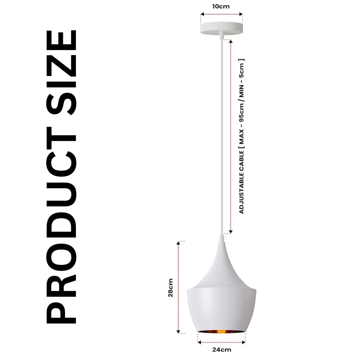 Modern loft light: white metal pendant with gold inner shade, PVC cable, ceiling rose, resting on ceiling