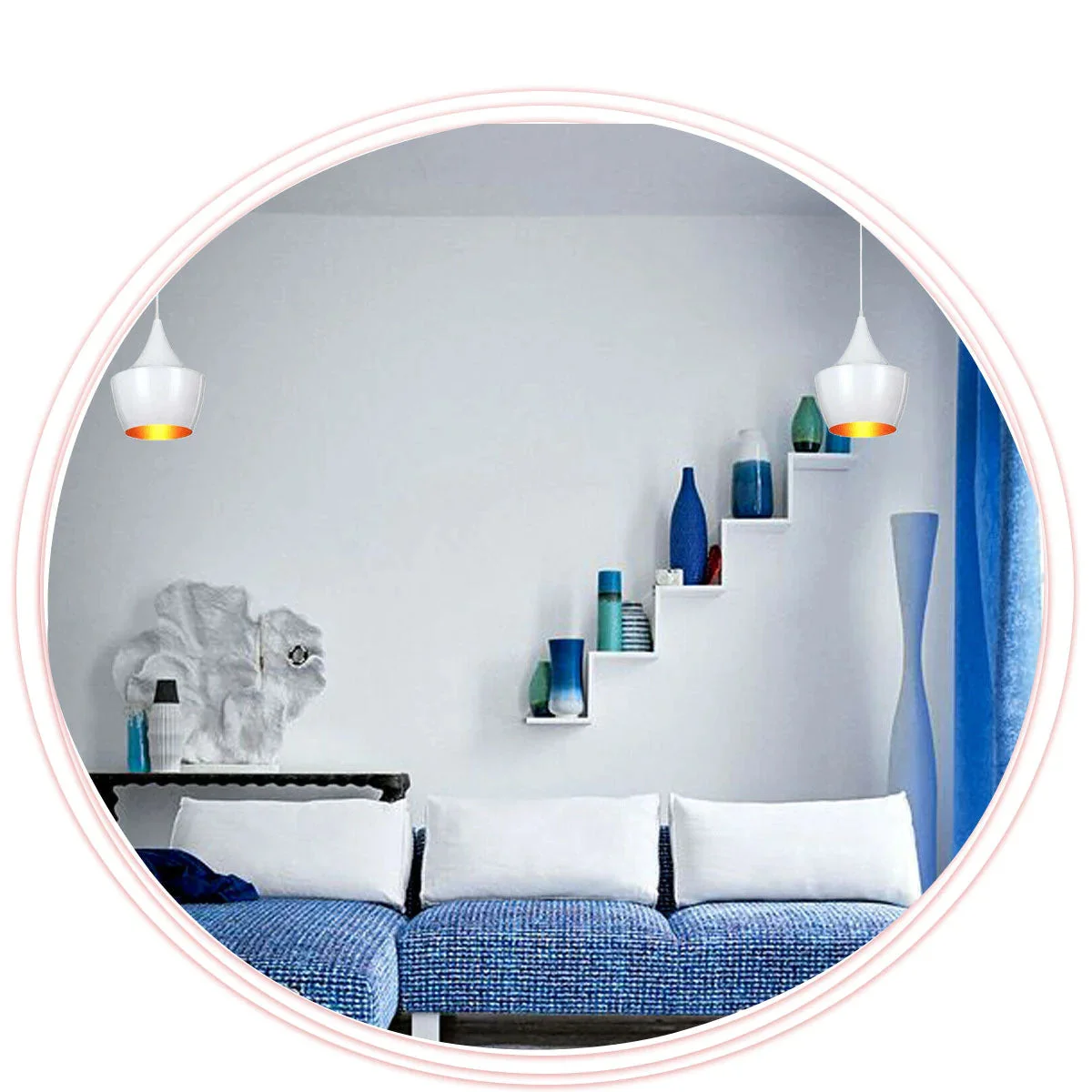 Loft style pendant light with sleek white metal shade, gold interior, 95 cm PVC cable, includes ceiling rose and fitting