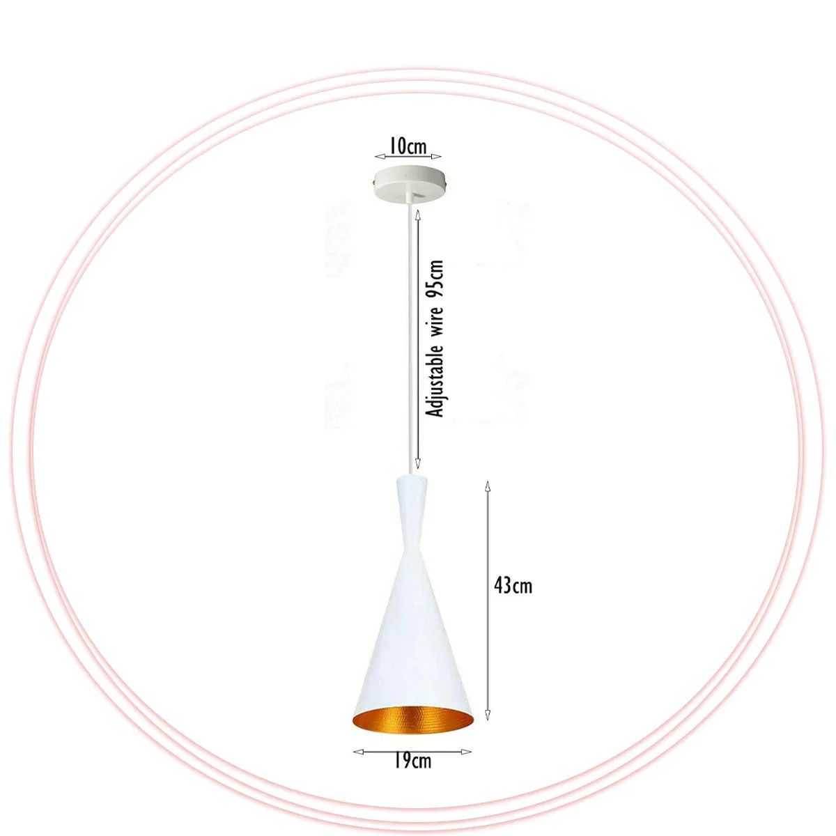 White metal ceiling lampshade with gold inner detailing, hanging from a 10 cm plate, 100 cm PVC cord