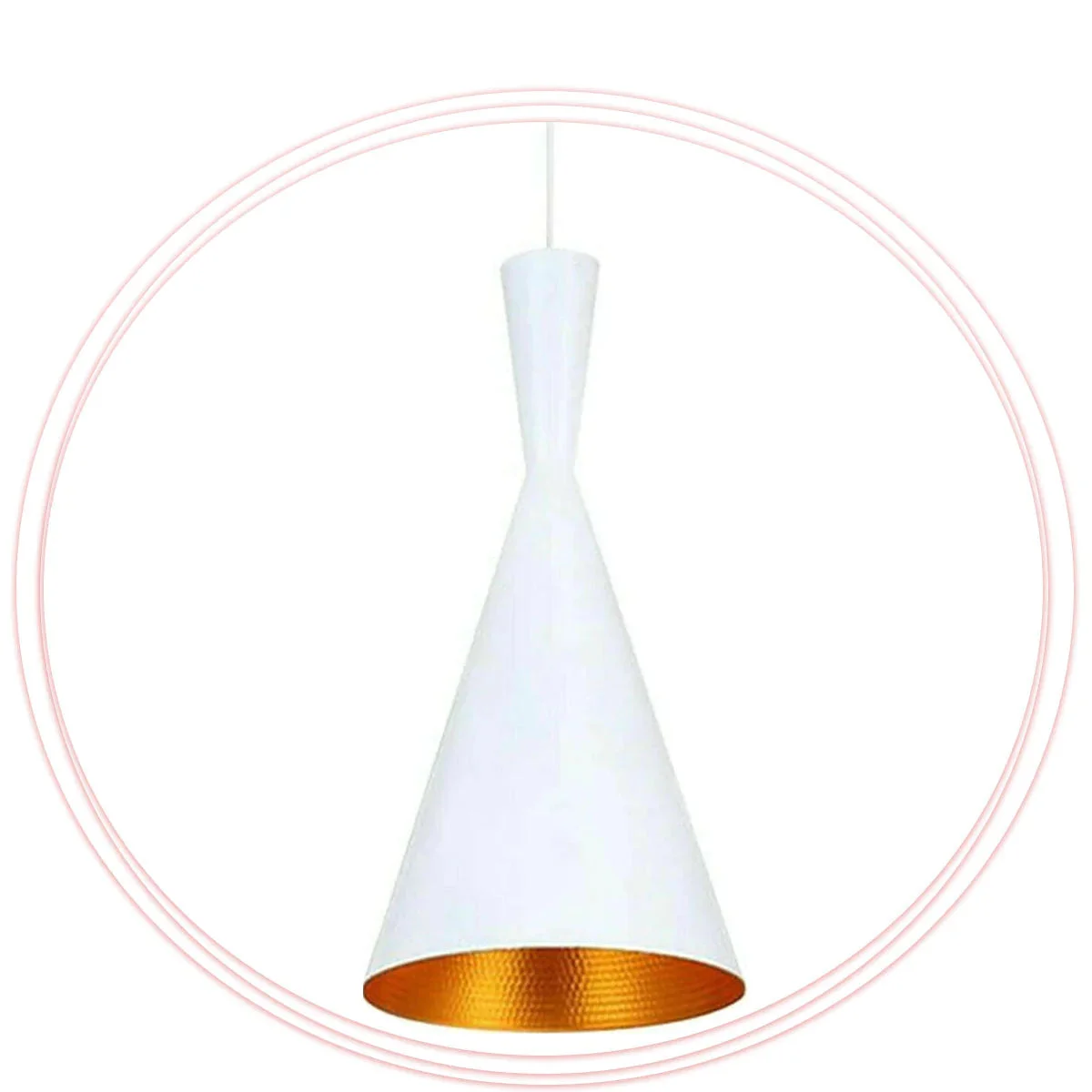 White metal pendant with inner gold shade, E27 ceiling light, geometric design, 100cm PVC cable, ceiling rose included.