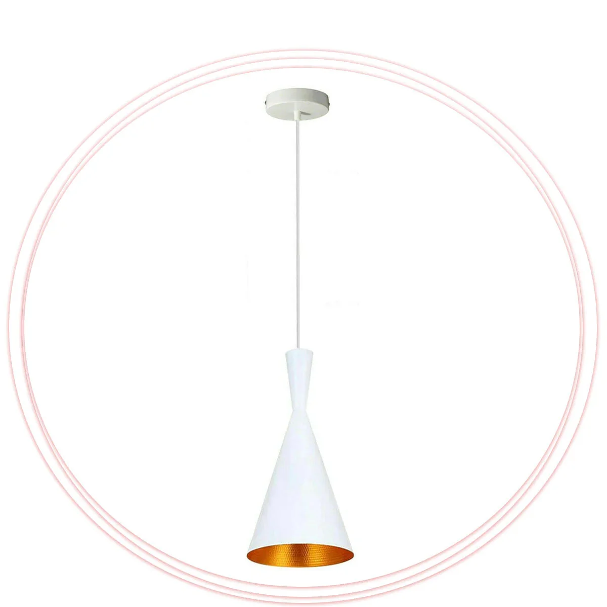 White geometric pendant lamp with gold inner, metal frame, PVC cable, 10cm diameter ceiling plate.