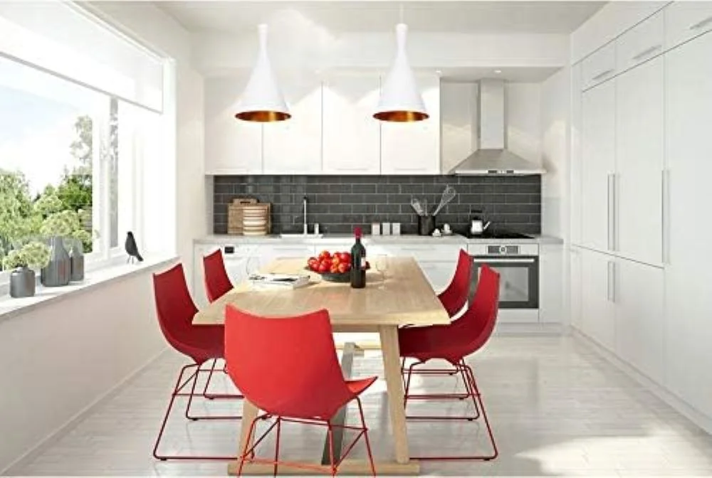 Modern white metal pendant light with gold inner lampshade hanging on a round ceiling plate, easy mount ceiling light.