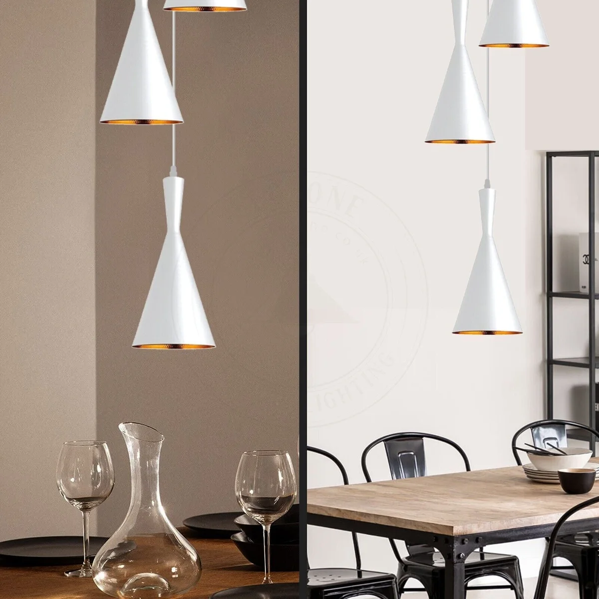 Loft style pendant light with white metal lampshade featuring inner gold, mounted on ceiling with two dowels and 100cm PVC cable.