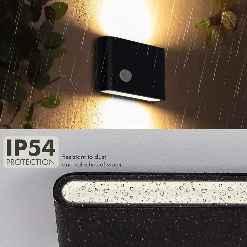 12W LED porch light with up/down heads, white/black die‑cast aluminium body, warm white glow, wall‑mounted.