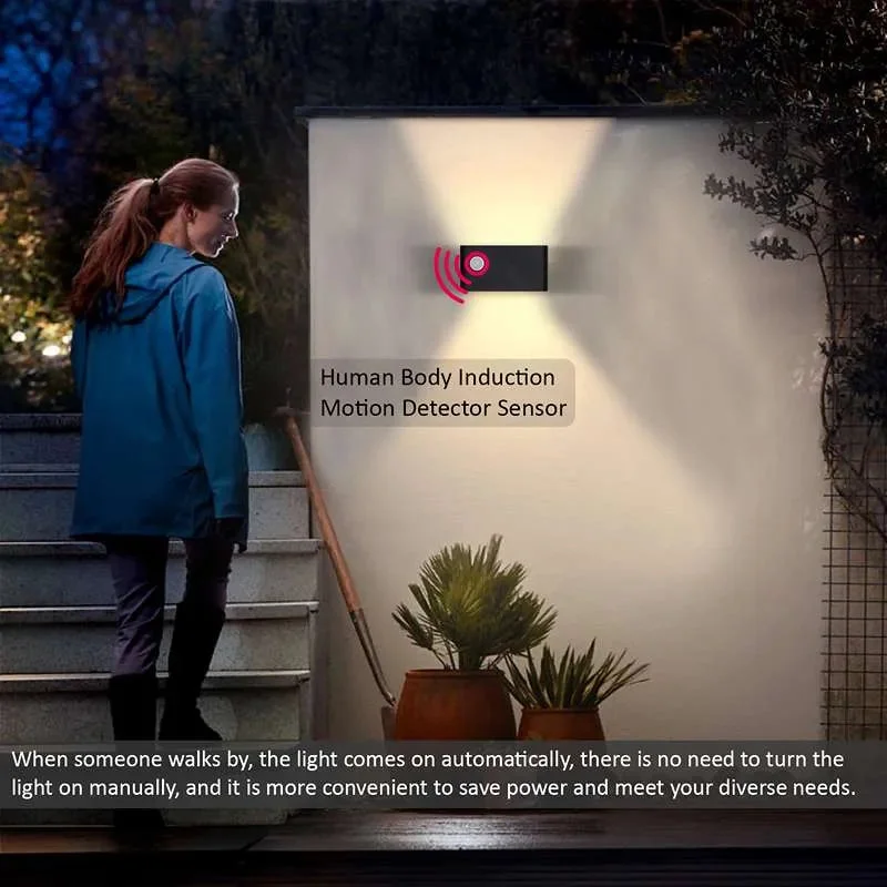 Modern durable aluminium light with dual LED heads, white/black finish, motion sensor on outdoor wall.