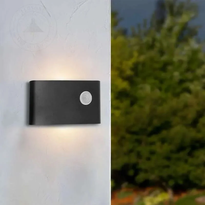White and black 12W LED motion sensor porch lights with dual up‑and‑down heads mounted to a wall, warm‑white LED glow.