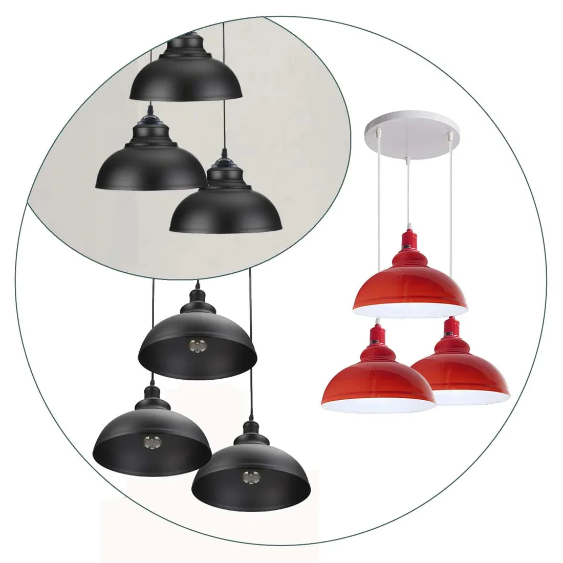 3 light pendant with red/black metal and PVC housing, three round holders and 95 cm cable mounted on a 20 cm ceiling base