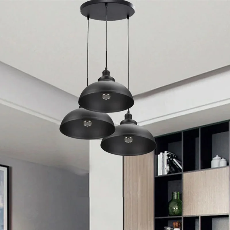 Red black ceiling light 3‑light pendant cluster hanging from metal plate with PVC cable, industrial style decor.