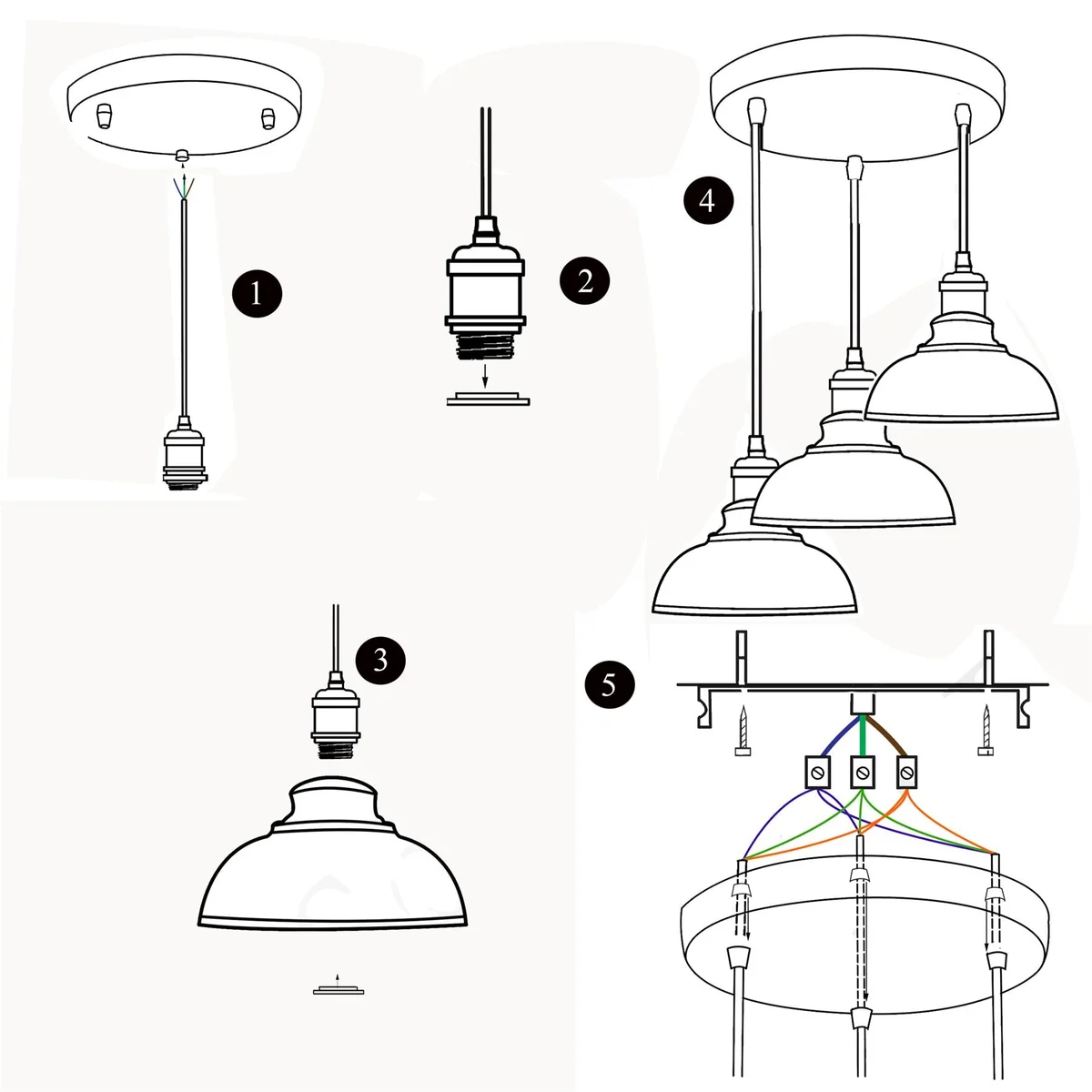 Metal pendant lighting cluster of three red/black metal shades hanging from 95cm PVC cable, 3 E27 base holders.