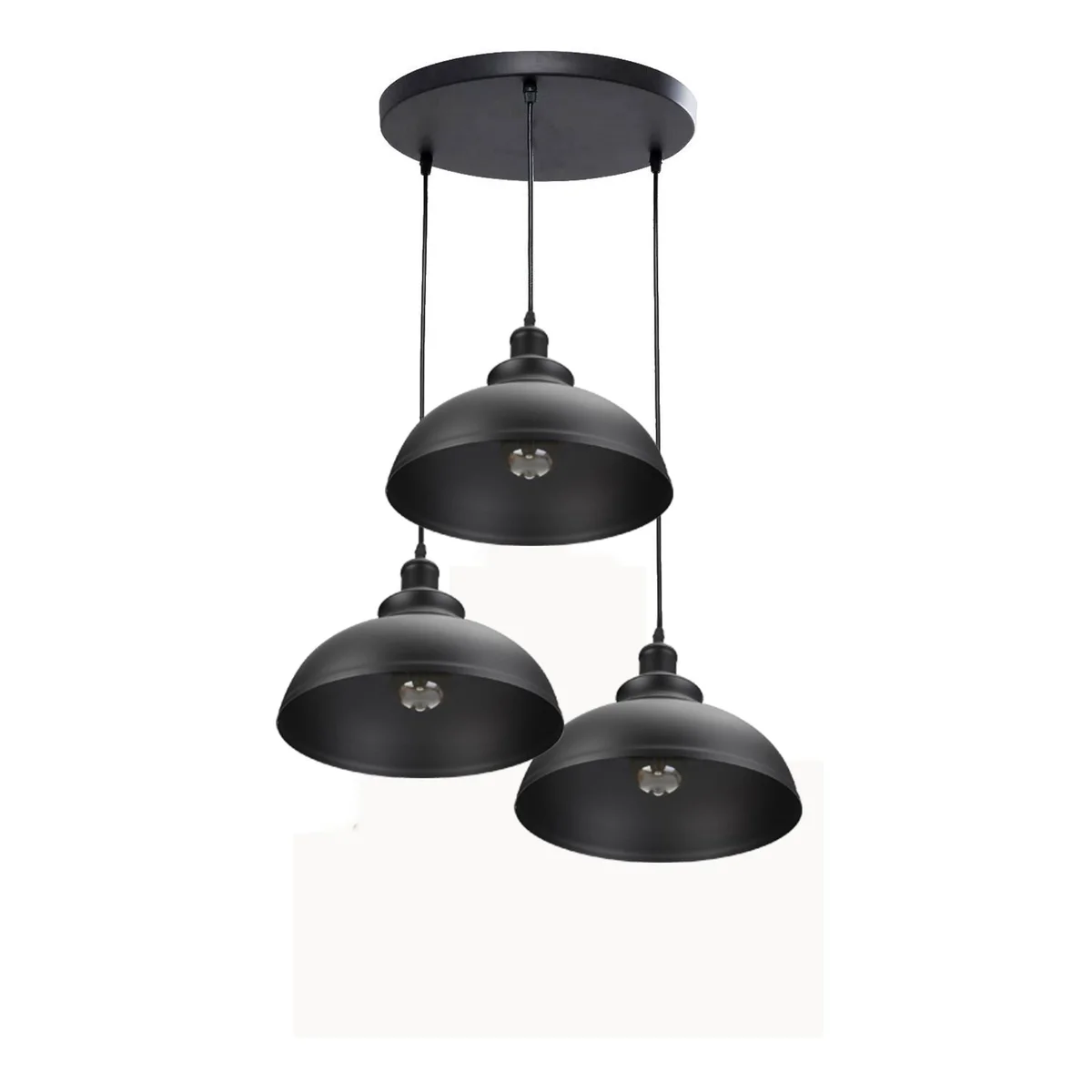 Red/black 3‑light pendant cluster fixture with PVC cable, round ceiling plate, 3 light shades hanging from 95 cm cord.