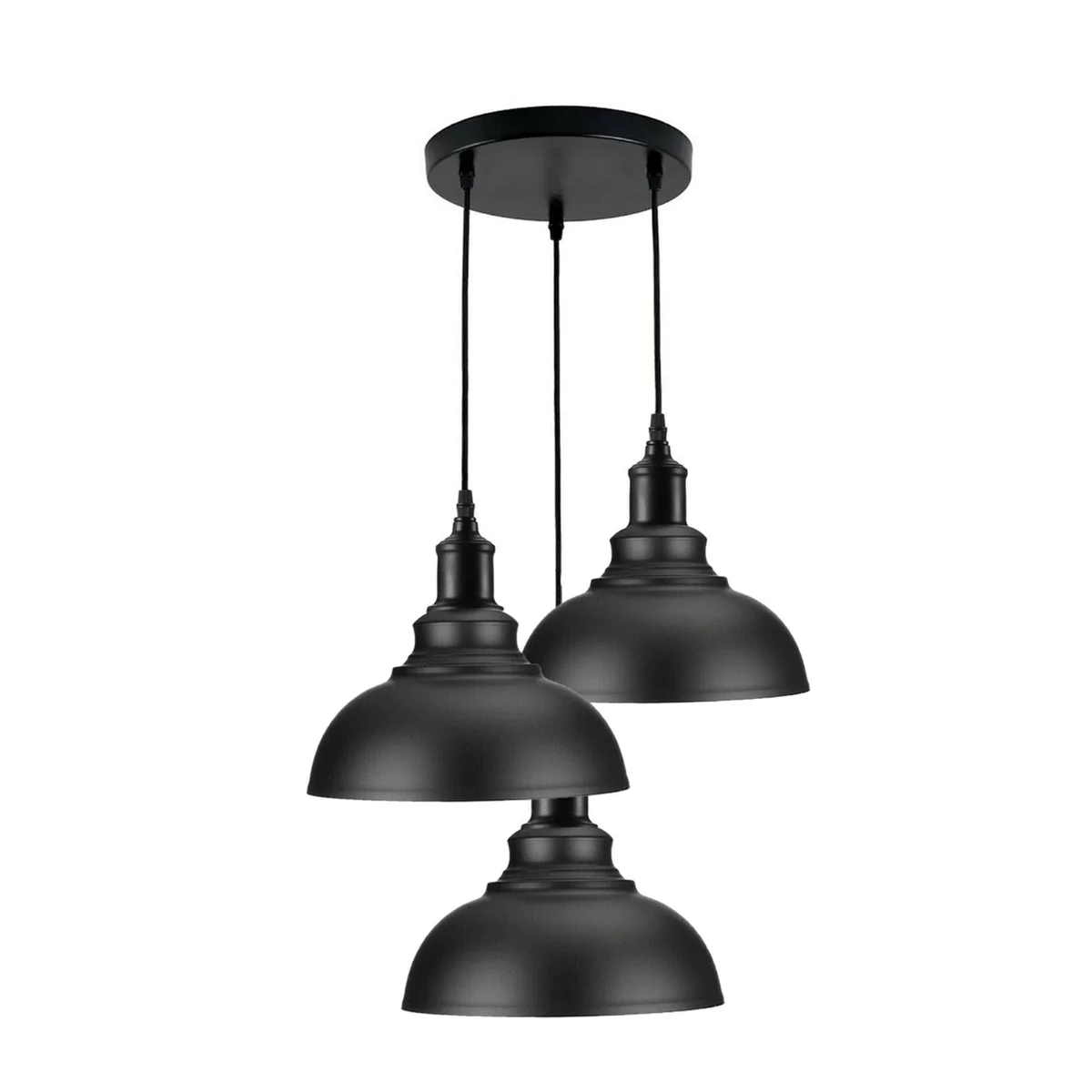 Industrial pendant light cluster with red and black metal shades, PVC cable, mounting base and three E27 holders