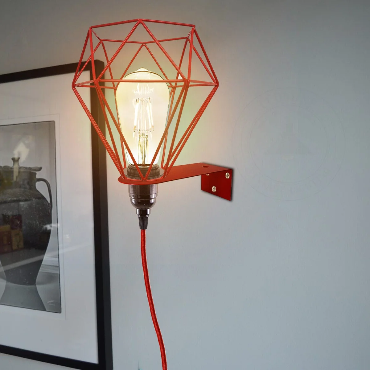 Vintage wall lights with diamond cage metal design, E27 bulb holder, 3‑pin plug and 4‑m cable