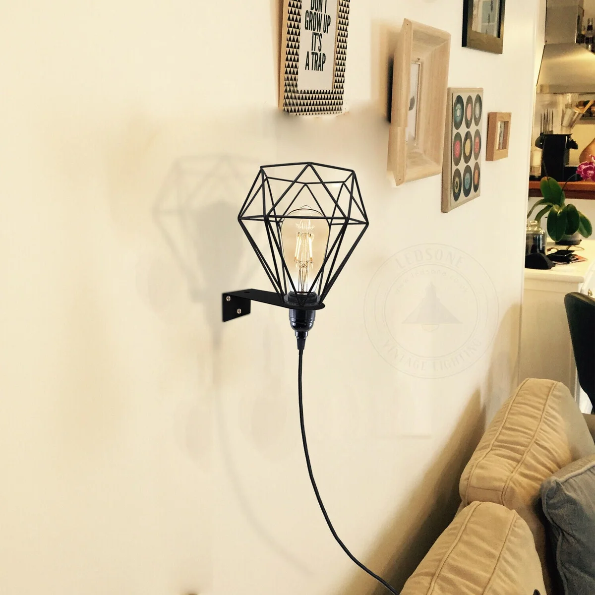 Plug in wall lights with vintage diamond cage metal design, featuring a 3‑pin plug and 4m fabric‑covered cable.