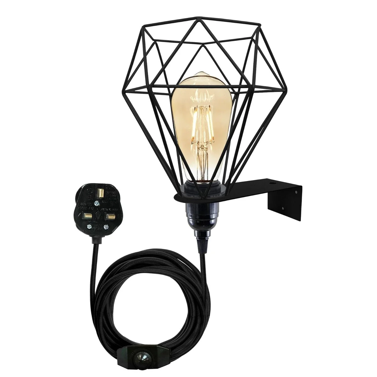 Metal diamond‑cage vintage wall lights with plug‑in cable, stylish industrial design for home décor.