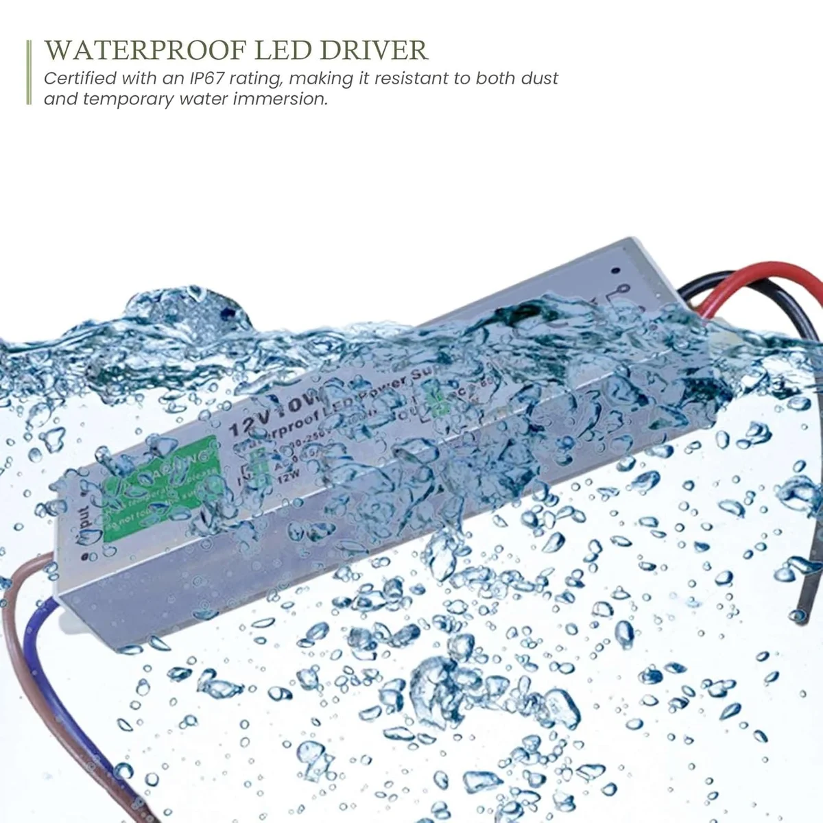 Aluminium IP67 LED transformer 12V 10W in rugged rectangular housing with rubber‑sealed cables and technical label.