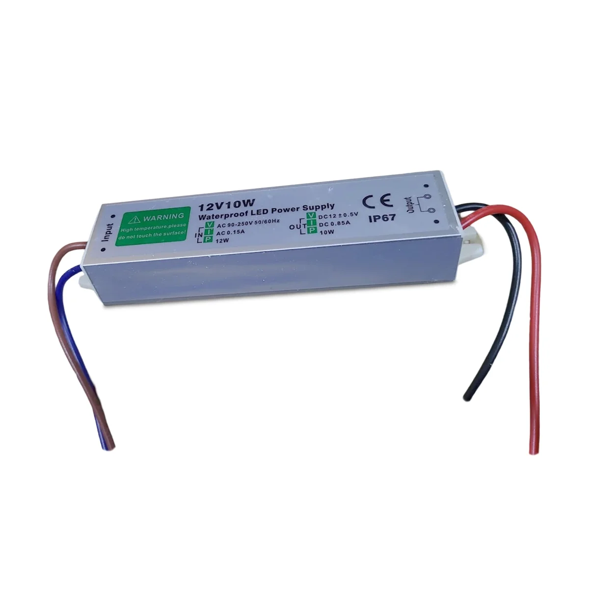 Compact 12V LED power supply in IP67 waterproof aluminium alloy casing with dual output terminals.