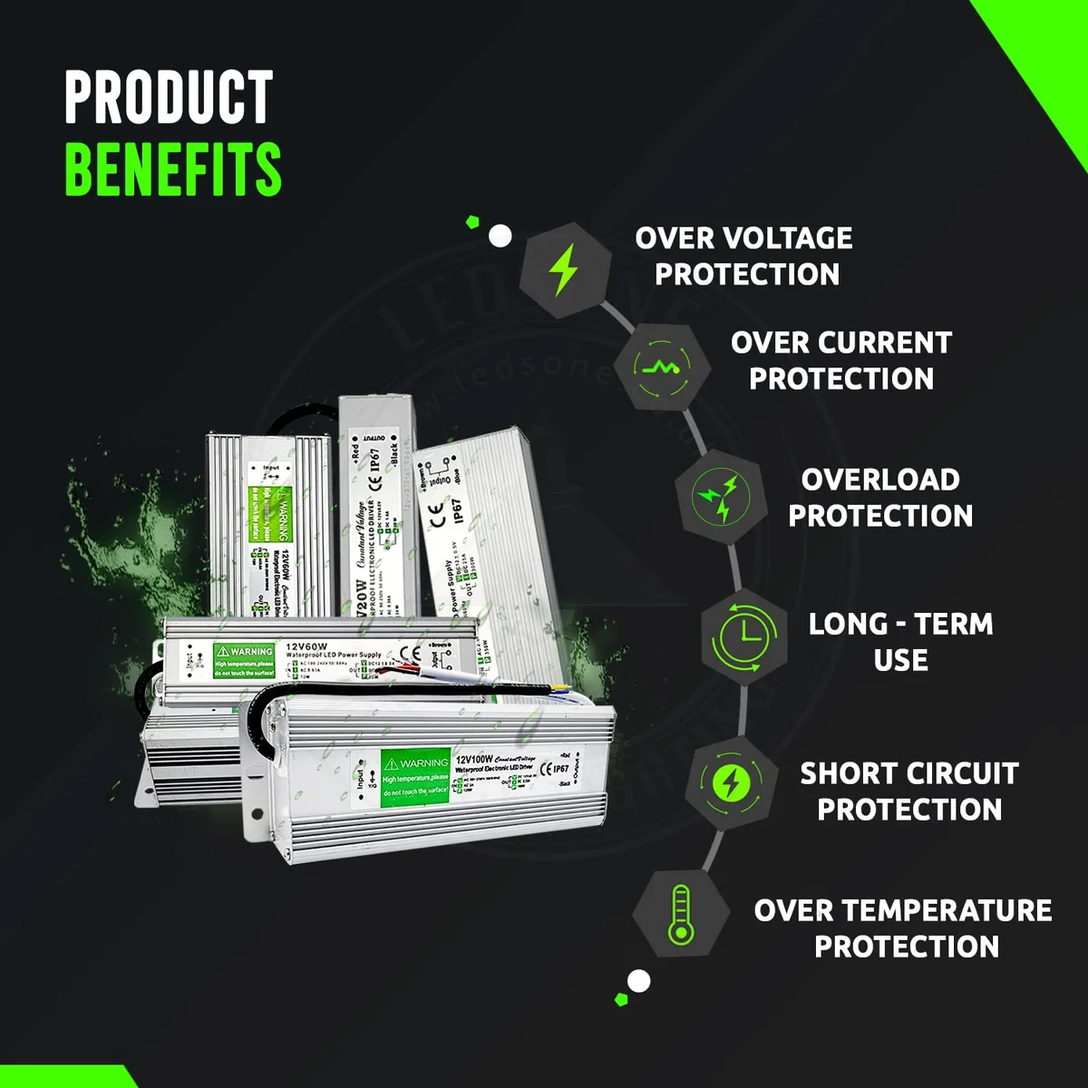 Waterproof LED driver in aluminium alloy, compact block with rubber‑sealed ends, IP67 rating.