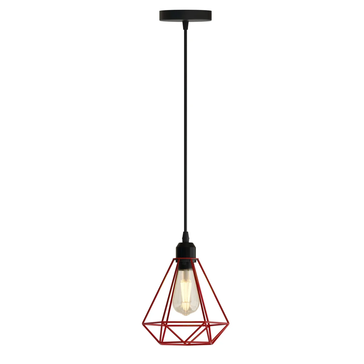 industrial pendant light with metal diamond-shaped wire cage, 20cm square shade, E27 hub, vintage style.