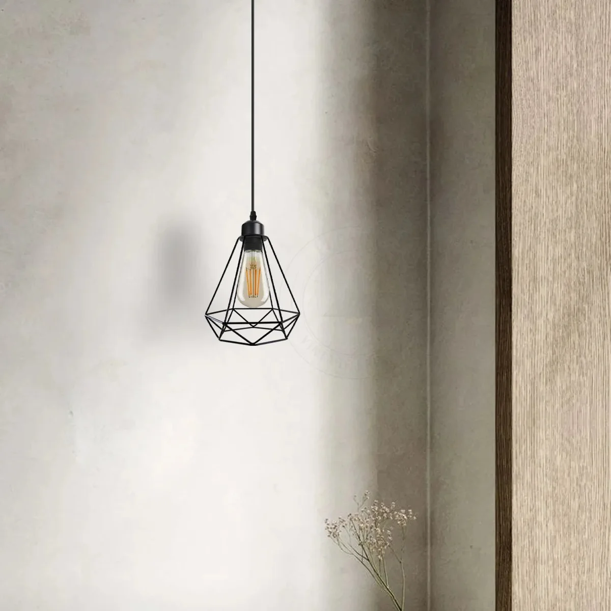 Industrial metal E27 pendant lamp with diamond wire cage, 20cm shade, 95cm adjustable cable, vintage retro style.