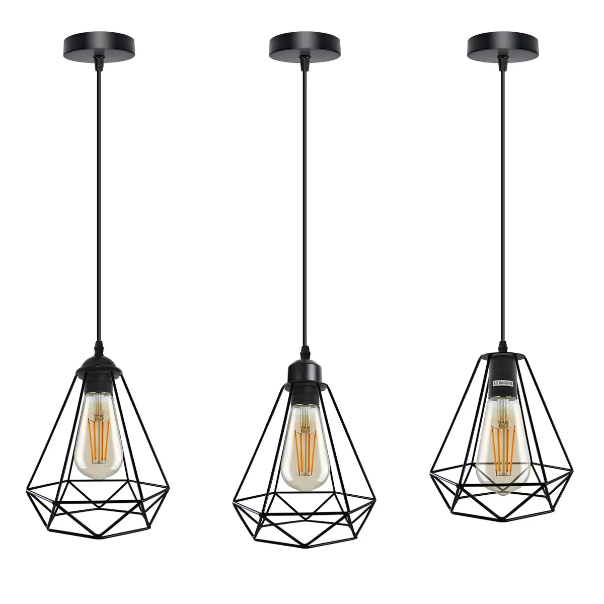 Industrial style metal diamond cage pendant lamp with vintage style ceiling light, 20cm by 20cm, metal frame, 95cm cable.