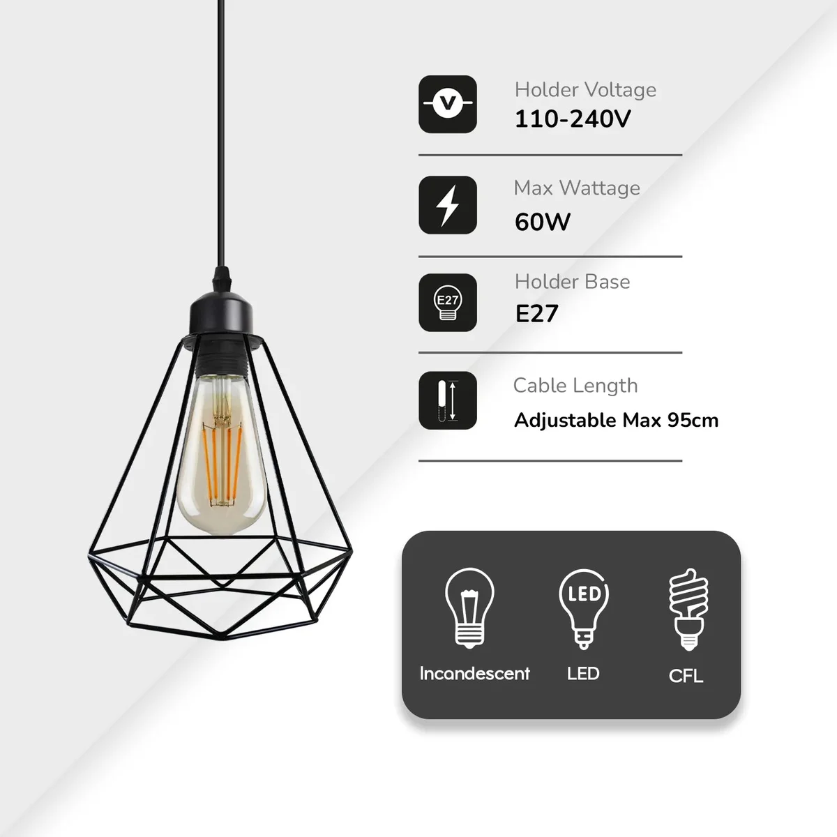 Dimmed pendant with 20 cm diamond‑shaped metal cage, 95 cm hanging, with E27 socket – dimmable wire cage light.