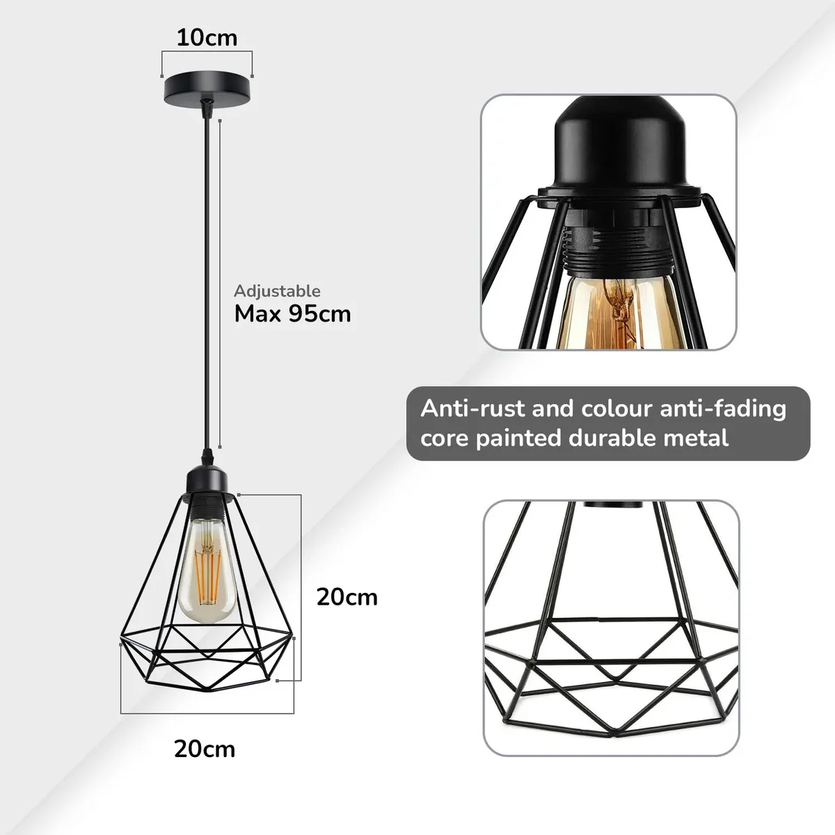 Industrial pendant light with metal diamond‑shaped wire cage, 20cm shade, hanging 95cm from ceiling, suitable for kitchen island or modern decor.