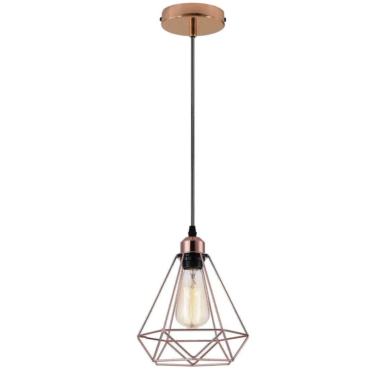 Industrial pendant light with metal diamond wire cage, 20cm glass shade, 95cm cable and E27 bulb holder.