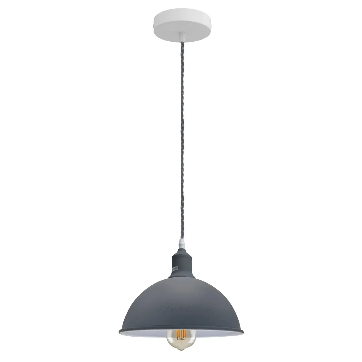 Gray metal dome pendant light with adjustable fabric cable, hanging from ceiling, suitable for E27 bulbs up to 60W.