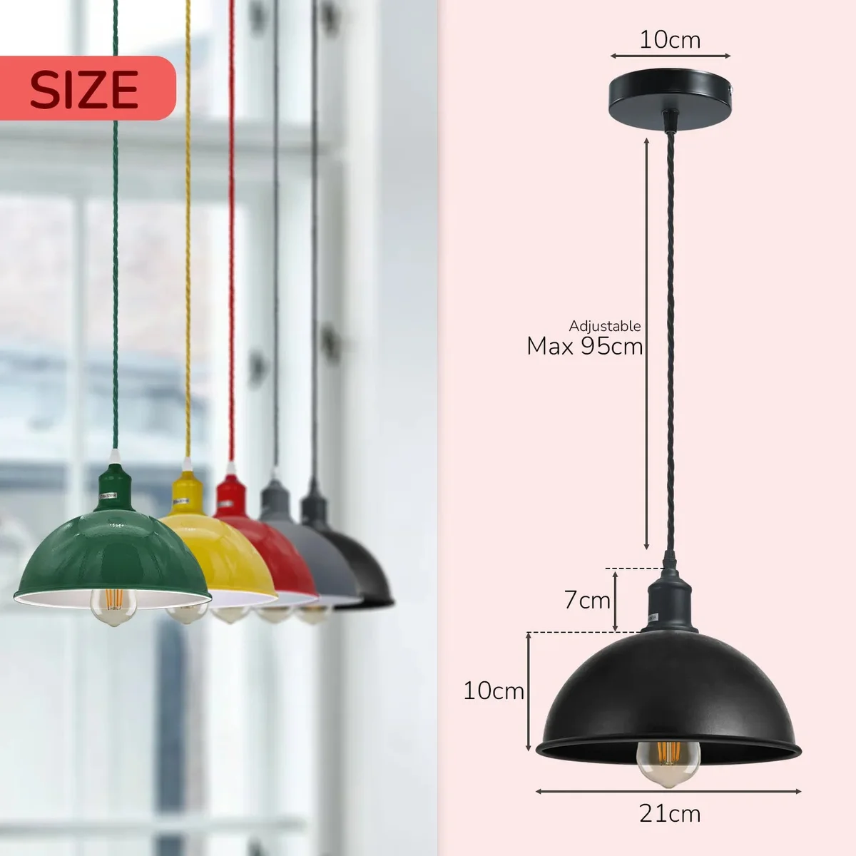 Gray metal dome industrial ceiling light hanging from fabric cable with 95cm length.