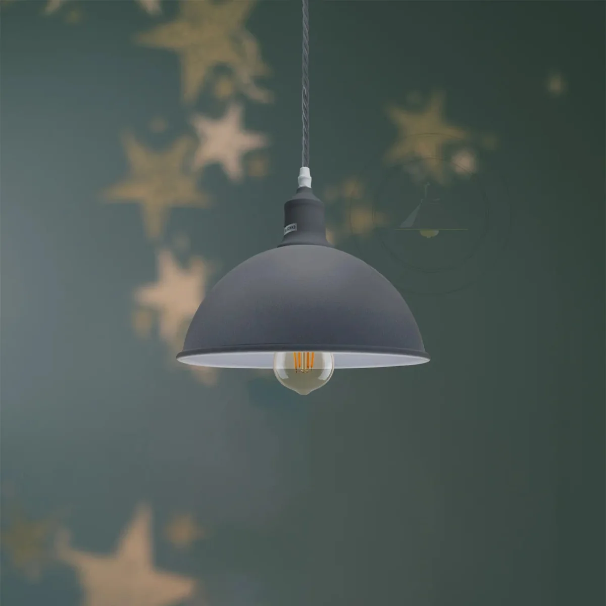 30 cm gray metal dome E27 bulb pendant light with fabric cable hanging from ceiling.