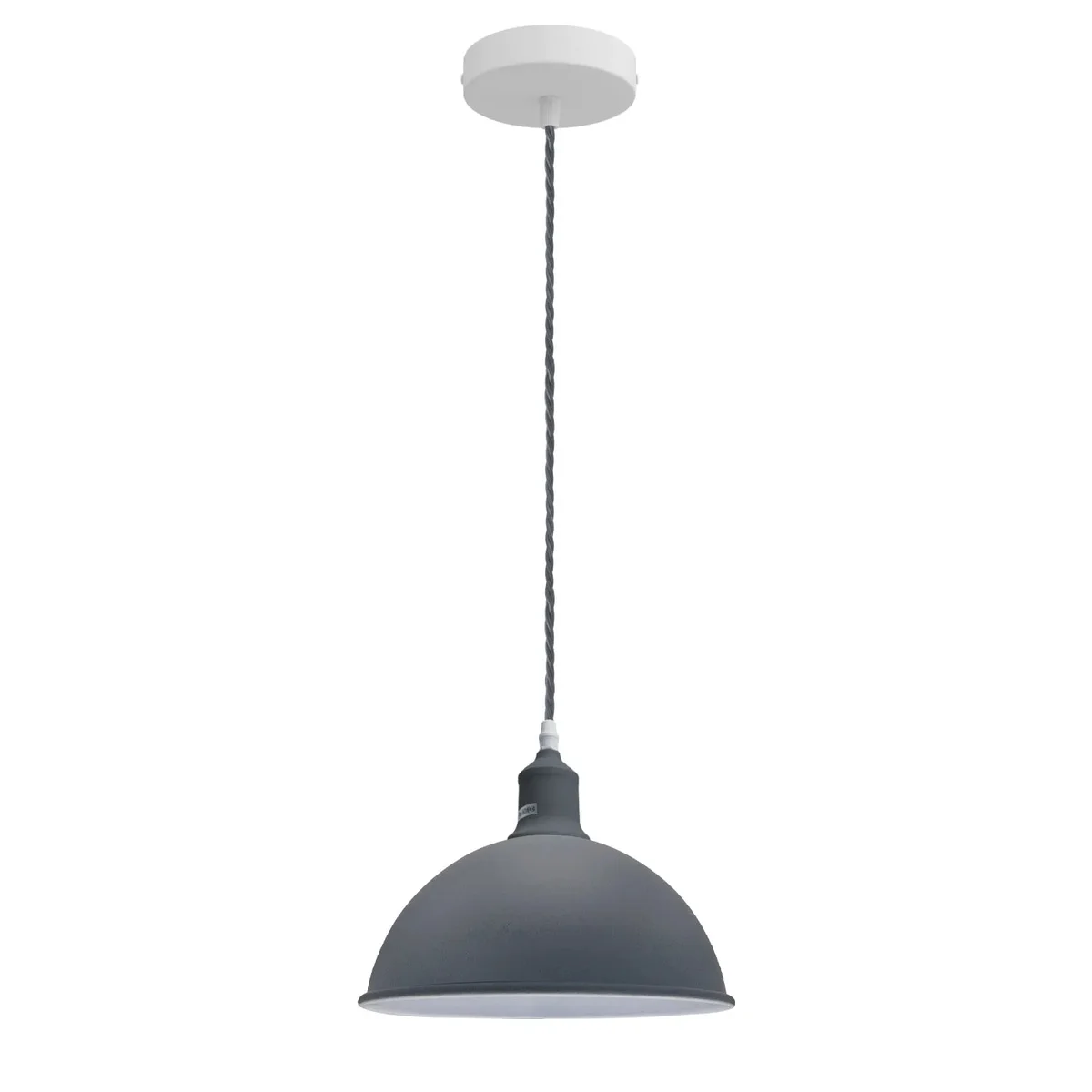 Gray metal dome pendant light, a fabric cable pendant light, hanging from adjustable fabric cable.