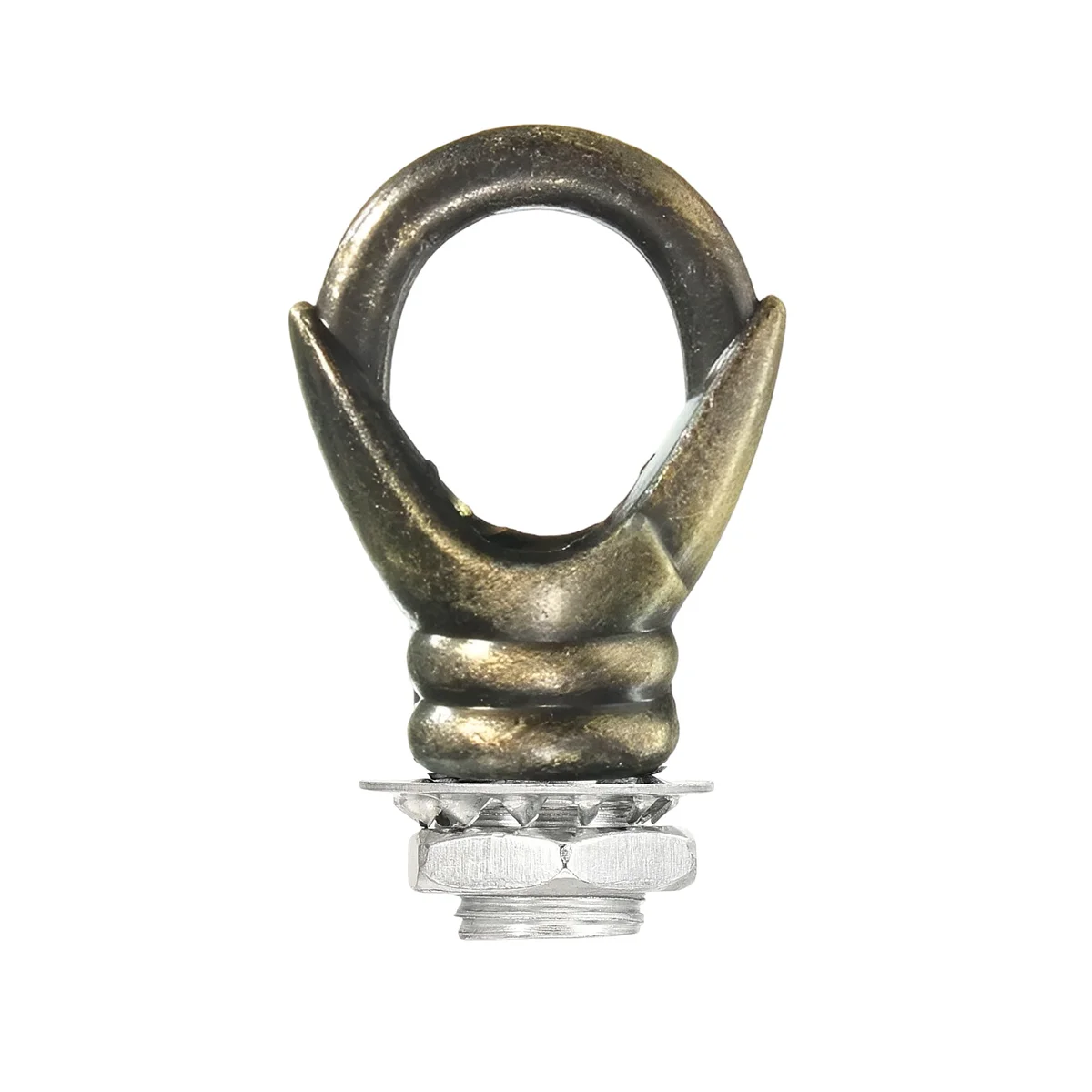 Aluminium metal ceiling hook with 10‑mm thread, small round ring, suitable for pendants and chandelier fixtures.